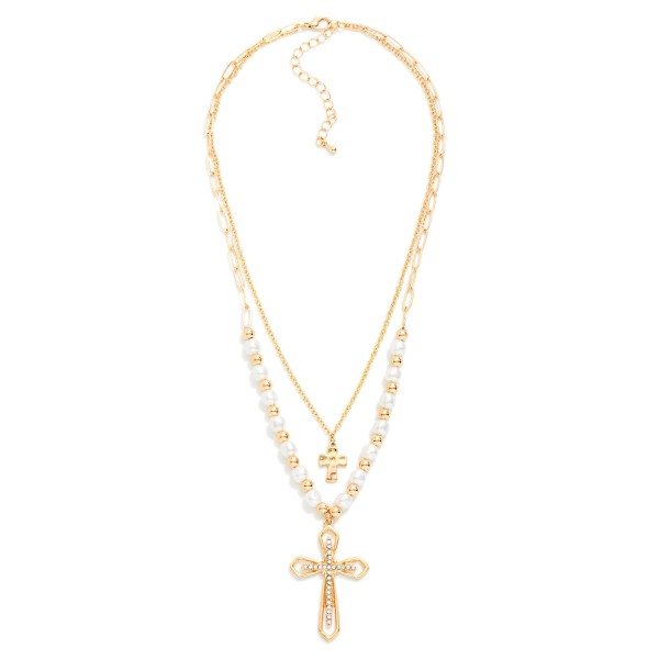 Layered Metal Tone Chain Link Necklace Featuring Pearl And Metal Beads With Cross Pendants 

- Approximately 20" L 