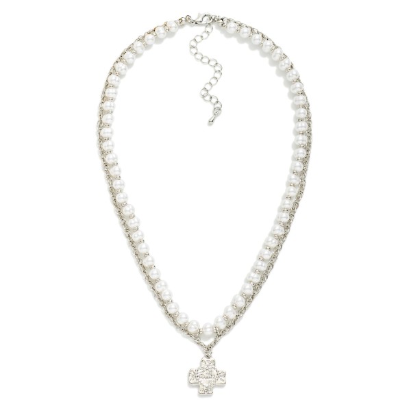 Layered Metal Tone Chain Link Necklace Featuring Pearls, Metal Tones, And Pus Cross Pendant 

- Approximately 16" L 
- Extender 3" L 