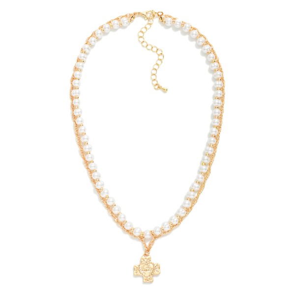 Layered Metal Tone Chain Link Necklace Featuring Pearls, Metal Tones, And Pus Cross Pendant 

- Approximately 16" L 
- Extender 3" L 