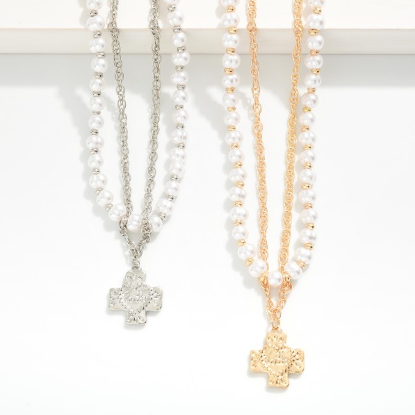 Layered Metal Tone Chain Link Necklace Featuring Pearls, Metal Tones, And Pus Cross Pendant 

- Approximately 16" L 
- Extender 3" L 