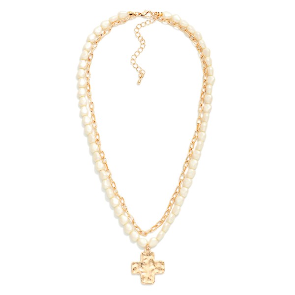 Layered Chain Link & Baroque Pearl Beaded Necklace Featuring Hammered Metal Plus Cross Pendant 

- Approximately 16" L
- Extender 3" L