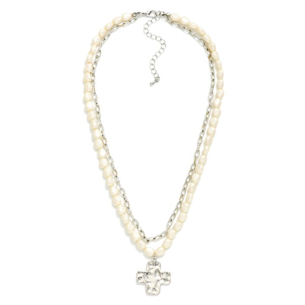 Layered Chain Link & Baroque Pearl Beaded Necklace Featuring Hammered Metal Plus Cross Pendant 

- Approximately 16" L
- Extender 3" L