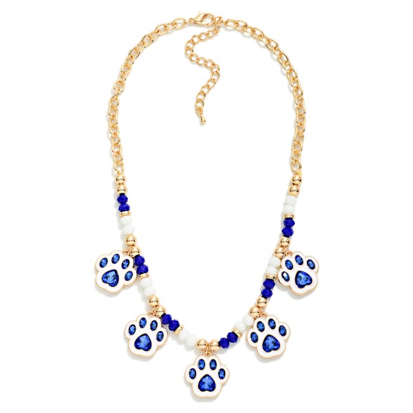 Beaded Chain Link Necklace Featuring Enamel & Rhinestone Paw Charms 

- Approximately 14" L
- Extender 3" L 