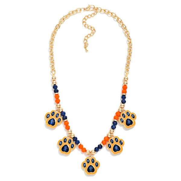 Beaded Chain Link Necklace Featuring Enamel & Rhinestone Paw Charms 

- Approximately 14" L
- Extender 3" L 