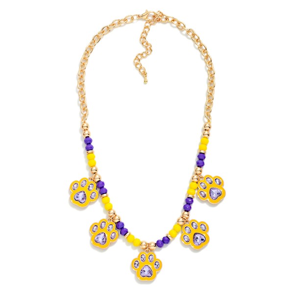 Beaded Chain Link Necklace Featuring Enamel & Rhinestone Paw Charms 

- Approximately 14" L
- Extender 3" L 