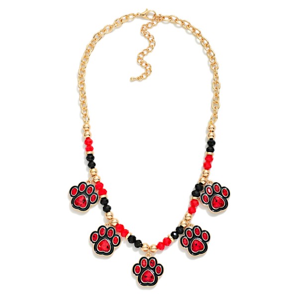 Beaded Chain Link Necklace Featuring Enamel & Rhinestone Paw Charms 

- Approximately 14" L
- Extender 3" L 