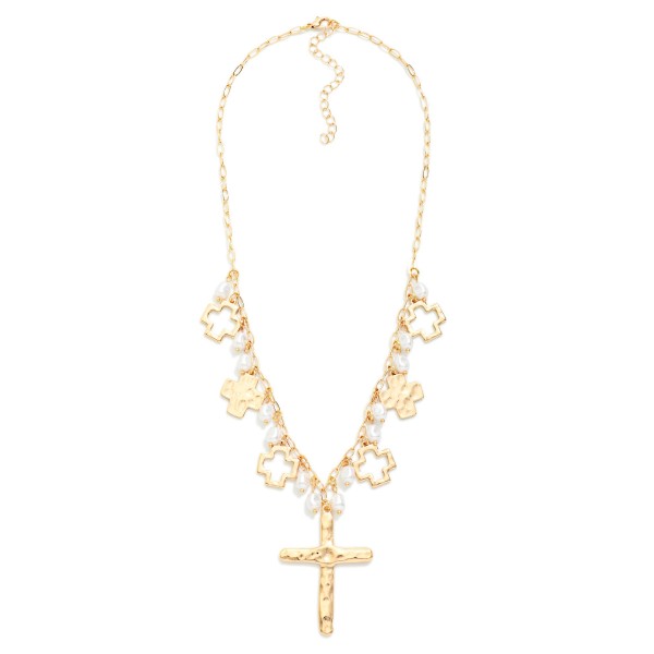 Chain Link Necklace Featuring Metal Tone Plus Crosses & Pearls With Large Hammered Metal Cross Pendant 

- Approximately 18" L
- Extender 3" L