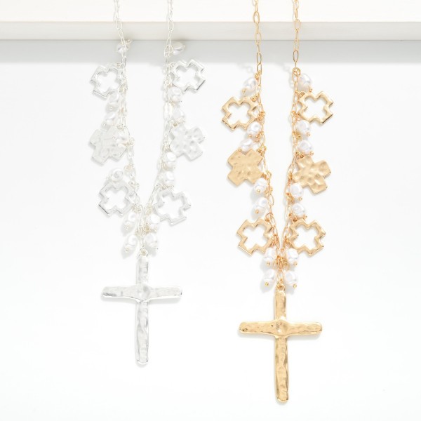 Chain Link Necklace Featuring Metal Tone Plus Crosses & Pearls With Large Hammered Metal Cross Pendant 

- Approximately 18" L
- Extender 3" L