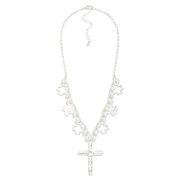 Chain Link Necklace Featuring Metal Tone Plus Crosses & Pearls With Large Hammered Metal Cross Pendant 

- Approximately 18" L
- Extender 3" L