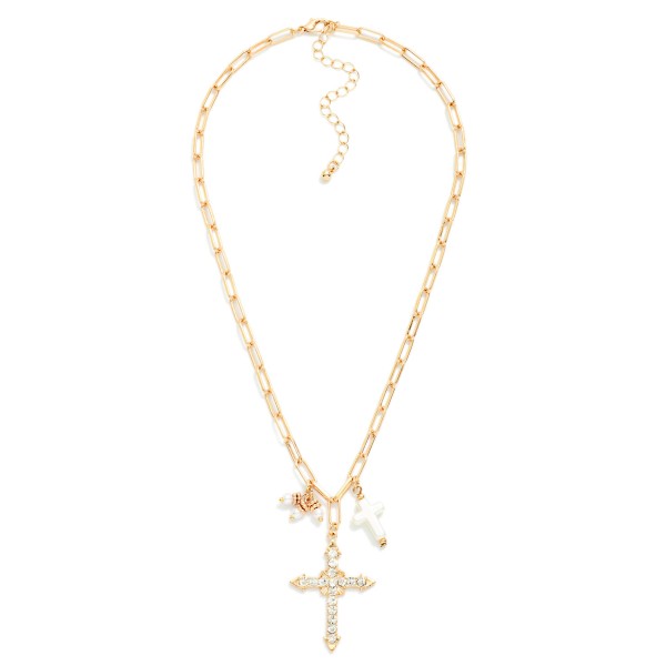 Metal Tone Paperclip Chain Link Necklace Featuring Cross Pendant With Rhinestones 

- Approximately 16" L 
- Extender 3" L 