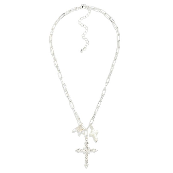 Metal Tone Paperclip Chain Link Necklace Featuring Cross Pendant With Rhinestones 

- Approximately 16" L 
- Extender 3" L 
