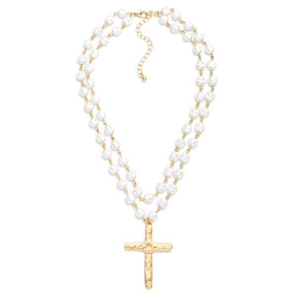 Layered Flat Pearl Link Necklace Featuring Hammered Metal Cross Pendant 

- Approximately 16" L
- Extender 3" L