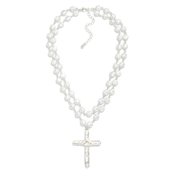 Layered Flat Pearl Link Necklace Featuring Hammered Metal Cross Pendant 

- Approximately 16" L
- Extender 3" L
