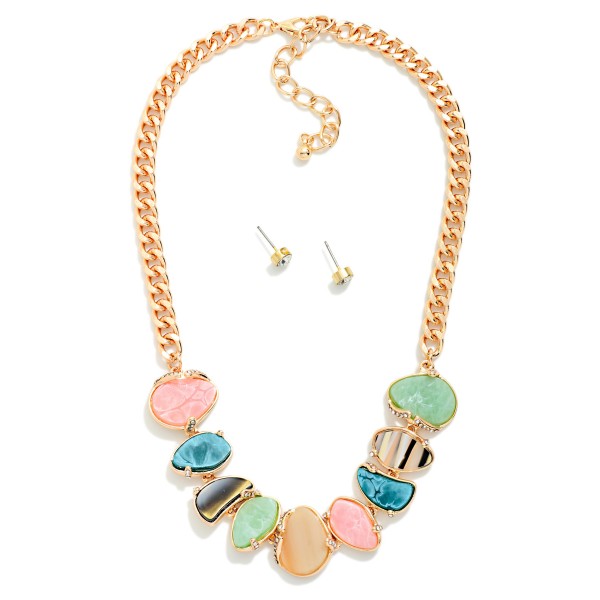 Metal Tone Chain Link Necklace Featuring Multi Stone Charms With Rhinestones Detailing 

- Approximately 14" L 
- Extender 2" L 
- Stud Earrings Included
