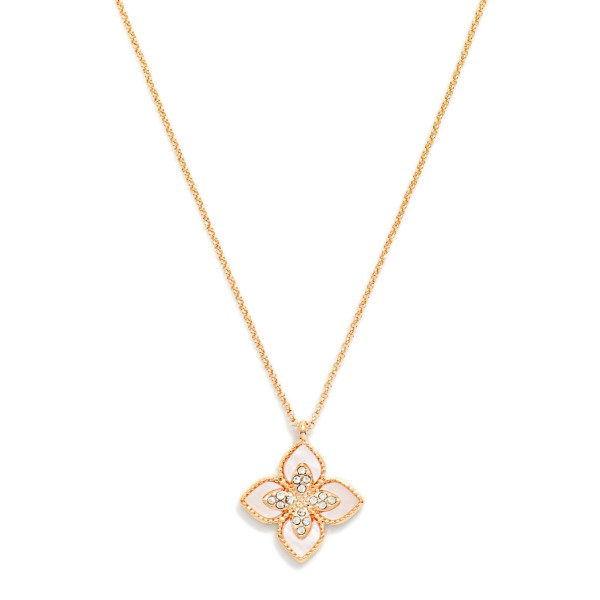 Chain Link Necklace Featuring Pearlescent & Rhinestone Clover Pendant

- Approximately 14" L
- Extender 3" L