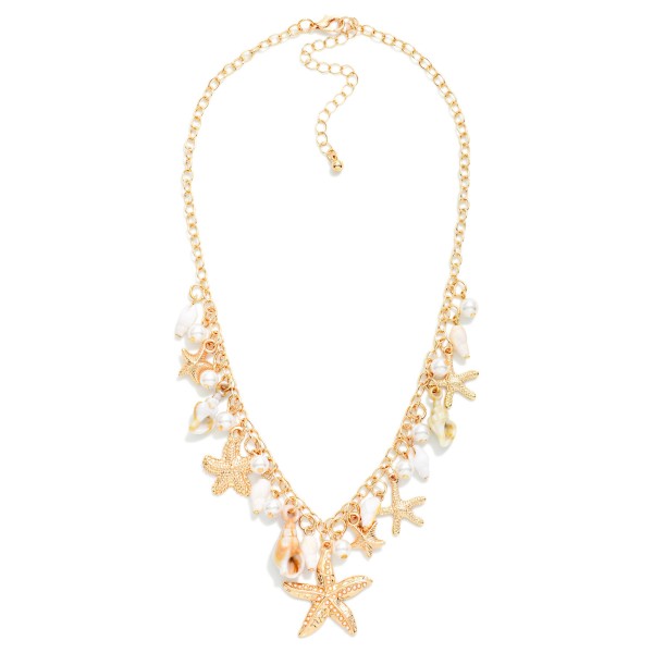 Chain Link Necklace Featuring Metal Tone Starfish, Pearls, & Shell Charms 

- Approximately 14" L
- Extender 3" L