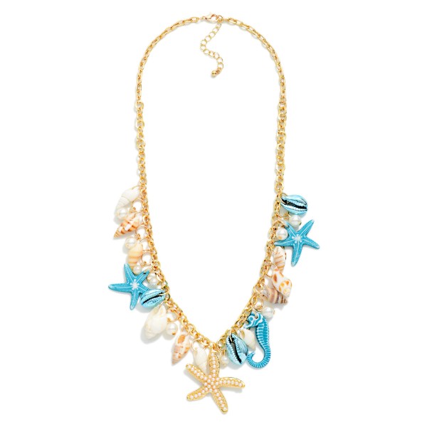 Chain Link Charm Necklace Featuring Pearls, Shells, & Metallic Sea Animal Charms 

- Approximately 14" L
- Extender 3" L