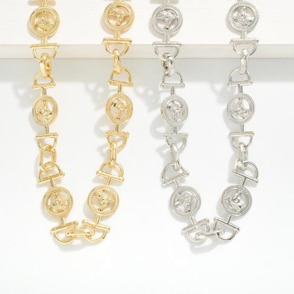 Linked Horsebit & Horse Medallion Chain Link Necklace 

- Approximately 16" L
- Extender 3" L