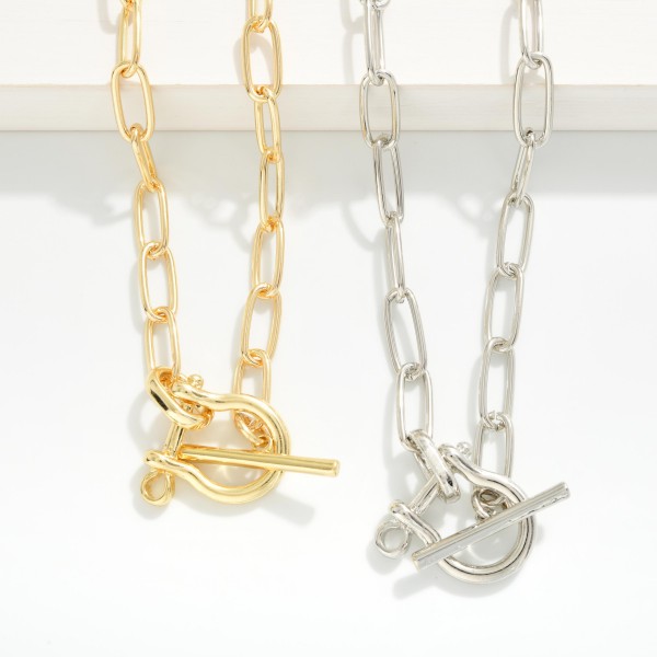 Paperclip Chain Link Necklace Featuring Horsbit Toggle Clasp 

- Approximately 14" L