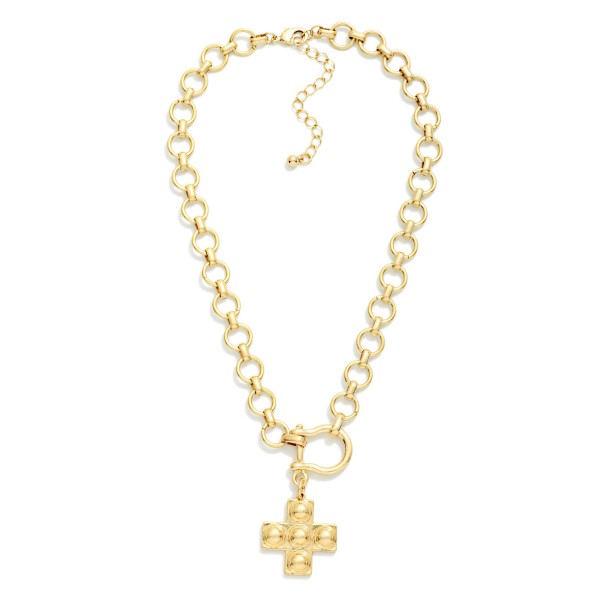 Circle Link Chain Link Necklace Necklace With Horsebit & Metal Tone Studded Plus Cross Pendant 

- Approximately 16" L
- Extender 3" L