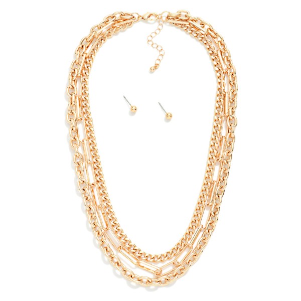 Metal Tone Mixed Chain Link Layered Necklace 

- Approximately 18" L 
- Extender 2" L 
- Metal Tone Ball Studs Included 