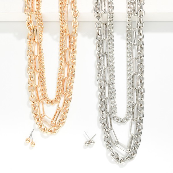 Metal Tone Mixed Chain Link Layered Necklace 

- Approximately 18" L 
- Extender 2" L 
- Metal Tone Ball Studs Included 