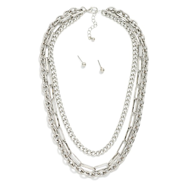 Metal Tone Mixed Chain Link Layered Necklace 

- Approximately 18" L 
- Extender 2" L 
- Metal Tone Ball Studs Included 