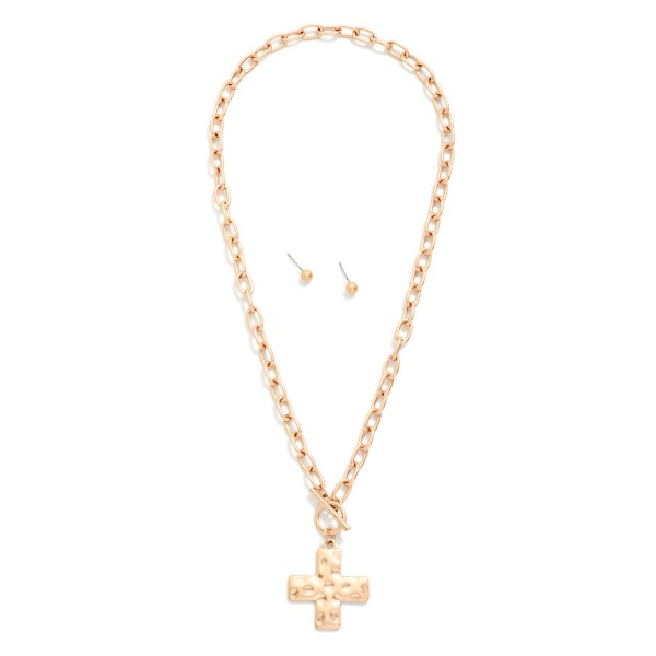 Chain Link Necklace Featuring Hammered Plus Cross Pendant & Toggle Clasp 

- Metal Tone Ball Stud Earrings Included
- Approximately 16" L
