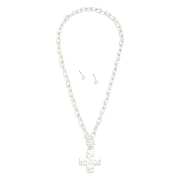 Chain Link Necklace Featuring Hammered Plus Cross Pendant & Toggle Clasp 

- Metal Tone Ball Stud Earrings Included
- Approximately 16" L
