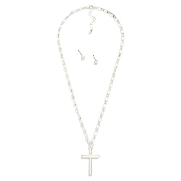 Paperclip Chain Link Necklace Featuring Metal Tone Cross Pendant With Metal Tone Stud Earrings 

- Approximately 20" L 
- Extender 2" L 
- Metal Tone Ball Studs Included 
