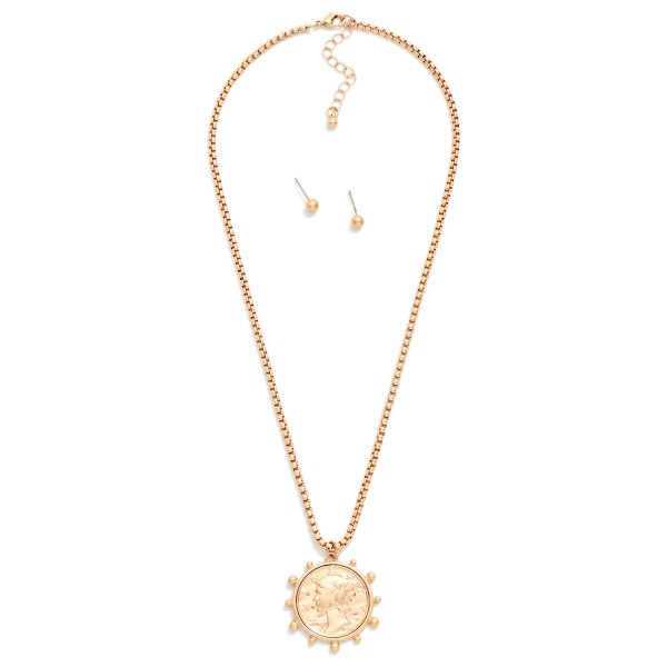 Square Chain Link Necklace Featuring Coin Pendant 

- Approximately 20" L
- Extender 2" L 
- Metal Tone Ball Studs Included 