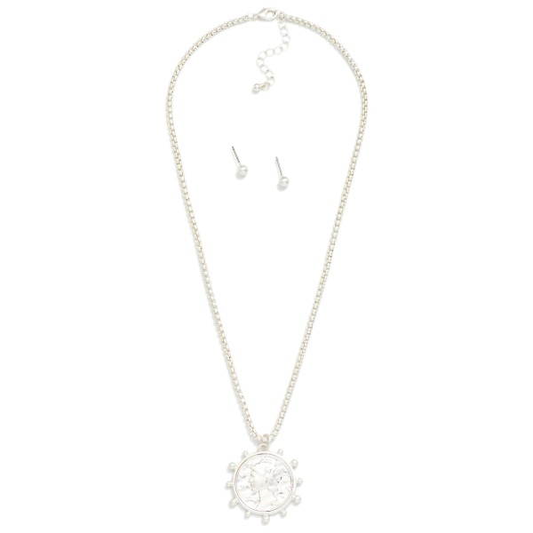 Square Chain Link Necklace Featuring Coin Pendant 

- Approximately 20" L
- Extender 2" L 
- Metal Tone Ball Studs Included 