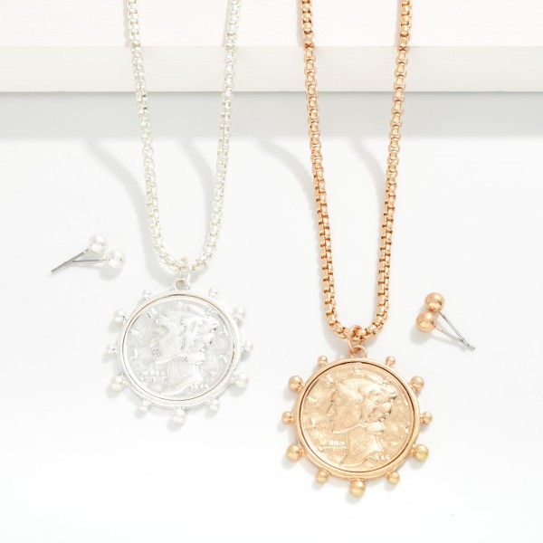 Square Chain Link Necklace Featuring Coin Pendant 

- Approximately 20" L
- Extender 2" L 
- Metal Tone Ball Studs Included 