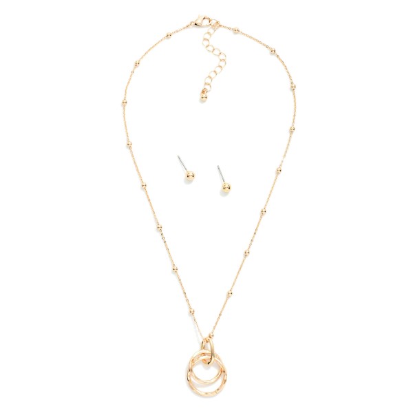 Chain Link Necklace With Metal Tone Ball Stations & Nesting Metal Tone Hoops Pendant 

- Metal Tone Ball Studs Included 
- Approximately 14" L
- Extender 3" L