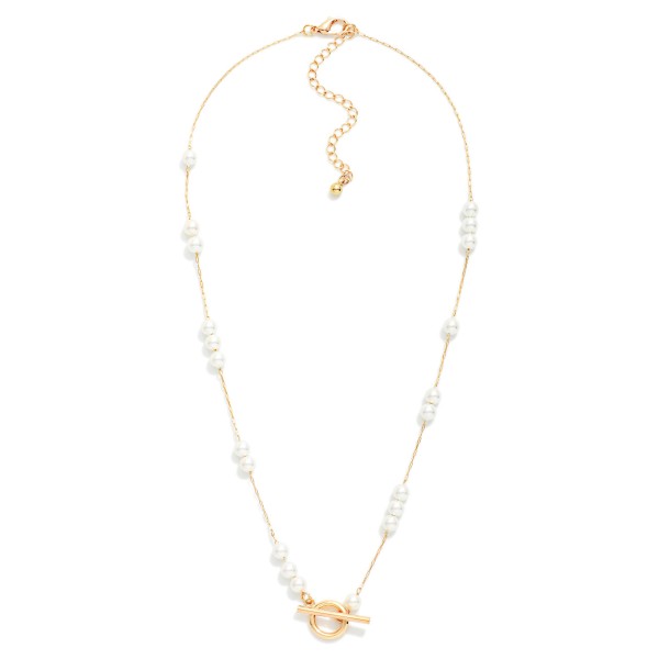 Chain Link Necklace Featuring Pearl Cluster Stations & Toggle Clasp Pendant

- Approximately 16" L
- Extender 3" L