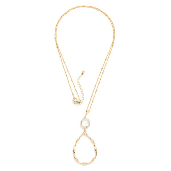 Long Chain Link Necklace Featuring Metal Tone Bead Stations With Teardrop & Glass Crystal Pendant 

- Approximately 30" L
- Extender 3" L