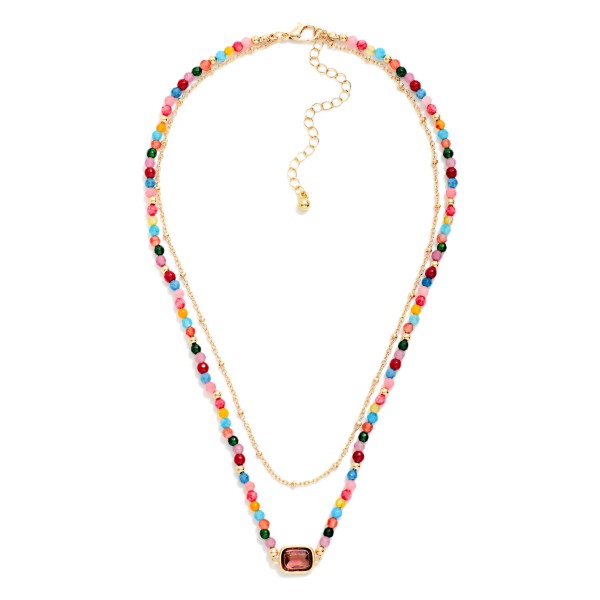 Chain Link & Beaded Layered Necklace Featuring Glass Crystal Stationary Pendant 

- Approximately 14" L
- Extender 3" L