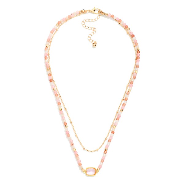 Chain Link & Beaded Layered Necklace Featuring Glass Crystal Stationary Pendant 

- Approximately 14" L
- Extender 3" L