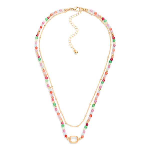 Chain Link & Beaded Layered Necklace Featuring Glass Crystal Stationary Pendant 

- Approximately 14" L
- Extender 3" L
