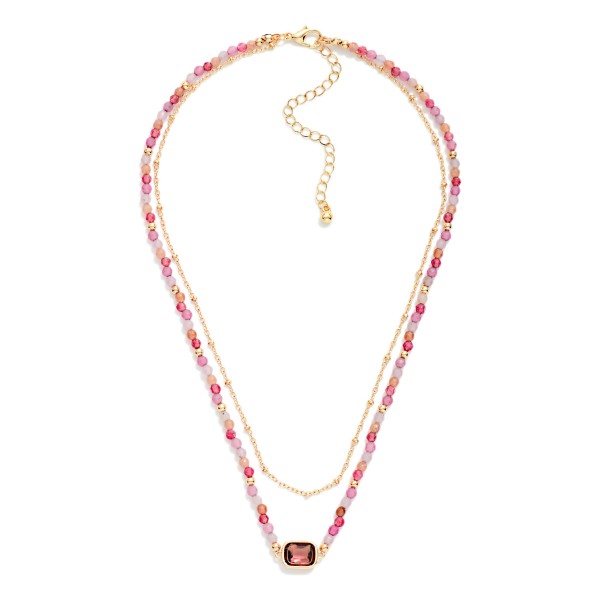 Chain Link & Beaded Layered Necklace Featuring Glass Crystal Stationary Pendant 

- Approximately 14" L
- Extender 3" L
