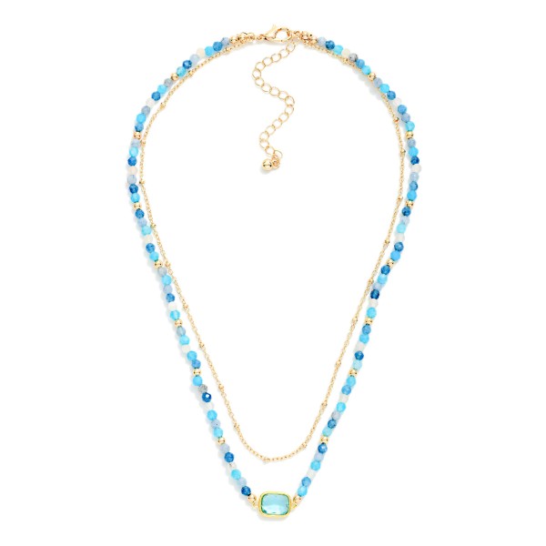 Chain Link & Beaded Layered Necklace Featuring Glass Crystal Stationary Pendant 

- Approximately 14" L
- Extender 3" L