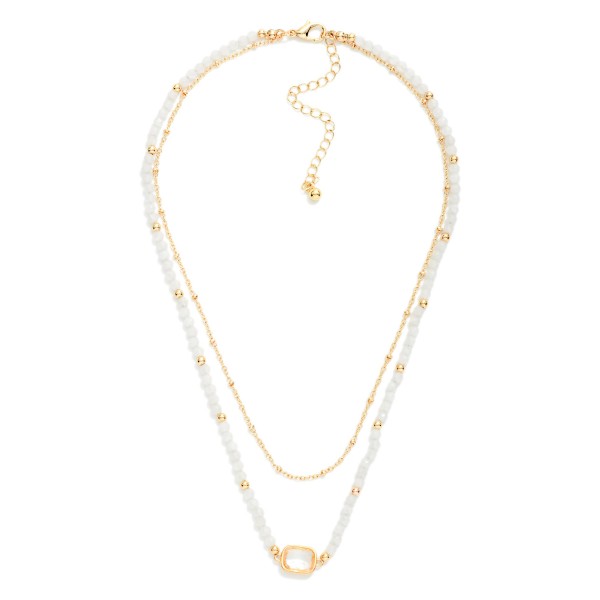 Chain Link & Beaded Layered Necklace Featuring Glass Crystal Stationary Pendant 

- Approximately 14" L
- Extender 3" L