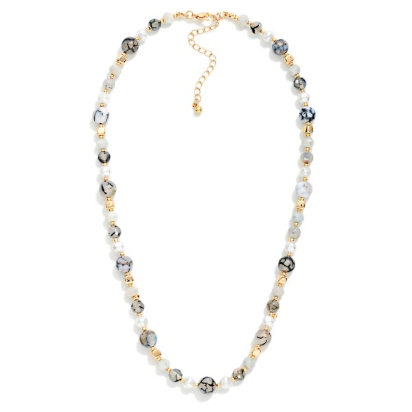 Stone Beaded Necklace With Pearl & Gold Tone Details 

- Approximately 16" L 
- Extender 2" L 
