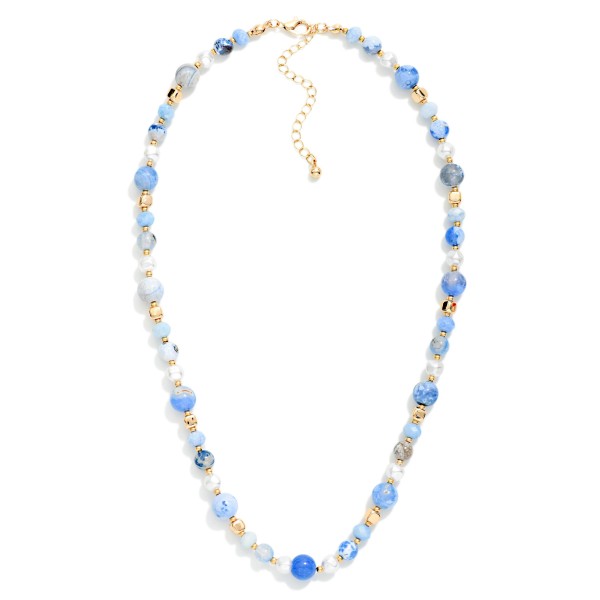 Stone Beaded Necklace With Pearl & Gold Tone Details 

- Approximately 16" L 
- Extender 2" L 