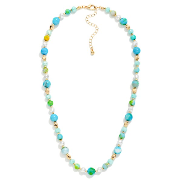 Stone Beaded Necklace With Pearl & Gold Tone Details 

- Approximately 16" L 
- Extender 2" L 