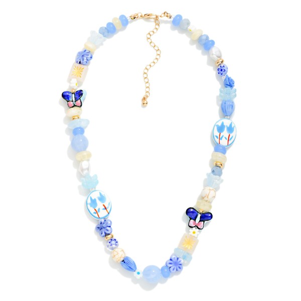 Multi Bead Beaded Necklace Featuring Flowers & Porcelain Beads

- Approximately 16" L
- Extender 3" L