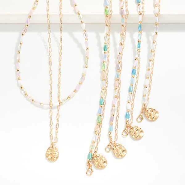 Layered Beaded & Chain Link Necklace Featuring Hammered Metal & Cross Pendant 

- Approximately 16" L
- Extender 3" L