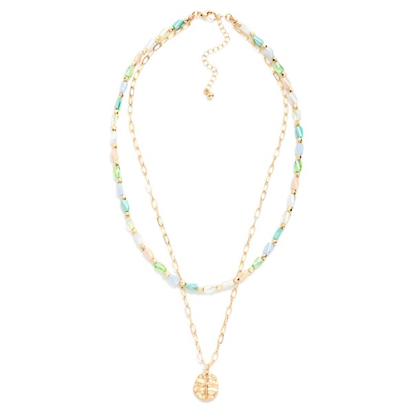 Layered Beaded & Chain Link Necklace Featuring Hammered Metal & Cross Pendant 

- Approximately 16" L
- Extender 3" L