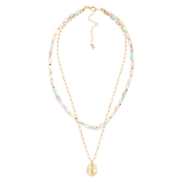 Layered Beaded & Chain Link Necklace Featuring Hammered Metal & Cross Pendant 

- Approximately 16" L
- Extender 3" L
