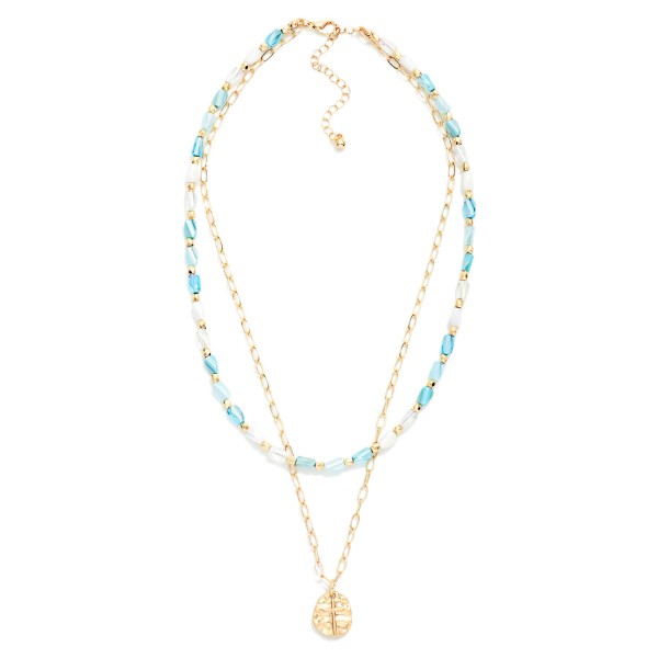 Layered Beaded & Chain Link Necklace Featuring Hammered Metal & Cross Pendant 

- Approximately 16" L
- Extender 3" L